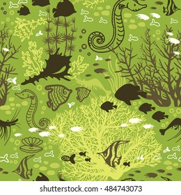 Seamless pattern with coral reef, fish and underwater creatures on a green background. Cartoon vector illustration. 