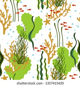 Seamless pattern with coral reef, sea plants and fishes.