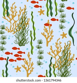 Seamless pattern with coral reef, sea plants and fishes.