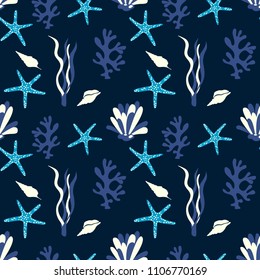 Seamless pattern with coral reef, seashell and starfish. Underwater plant background.
