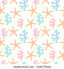 Seamless pattern with coral reef  and starfish. Underwater background.
