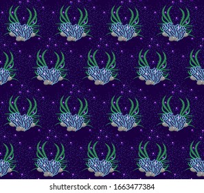 Patrón transparente: arrecifes de coral de fondo azul, bajo el agua. Ilustración vectorial, diseño gráfico de plantilla para carteles, volantes, tarjetas, vales, etc.