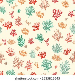 Seamless pattern of coral reefs and seaweed in different shapes. Coral reefs. Vector illustration.
