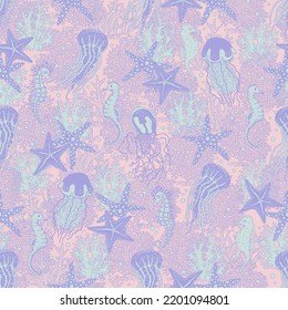 Seamless pattern with coral and seahorse, jellyfish and seastar. Vector pink coralline reef ocean animals underwater life doodle sketch background.