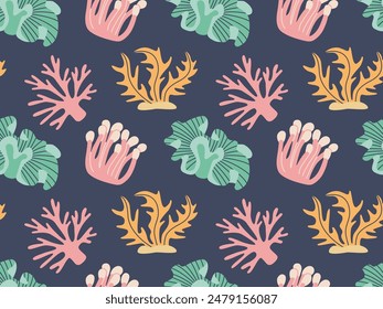 Seamless pattern of coral and seaweed. Hand drawn aquarium plants, underwater ocean flora, algae. Vector marine plants and animals of the seabed. Flat cartoon illustration.