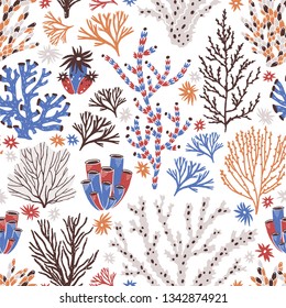 Seamless pattern with coral and seaweed on white background. Backdrop with tropical reef or seabed flora and fauna, underwater life. Flat colorful vector illustration for fabric print, wallpaper.