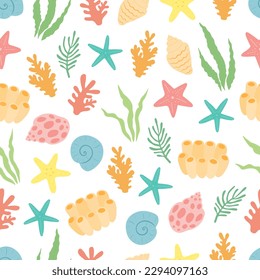 Seamless pattern coral seaweed starfish vector illustration