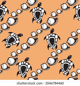 seamless pattern coral shells art nouveau and turtles black and white vector 