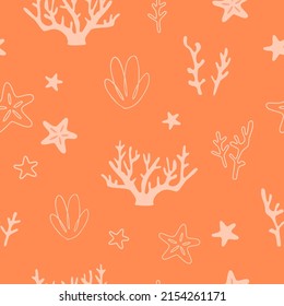 Seamless pattern with coral and starfish on coral background. Sea digital background with vector hand drawn elements. Seamless pattern for kids fabric, textile and scrapbook paper.