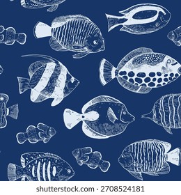 Seamless pattern with coral tropical fish. Hand-drawn vector ornament for design in classic engraving style.