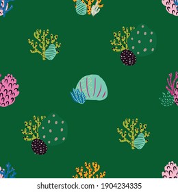 Seamless pattern with corals Algae. Abstract print marine nature. Underwater floral background. Simple style design