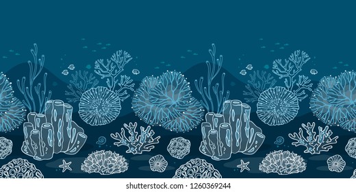 Seamless pattern and corals  algae  fish   starfish  Flat icons and sea plants   symbols  Set color vector illustrations 