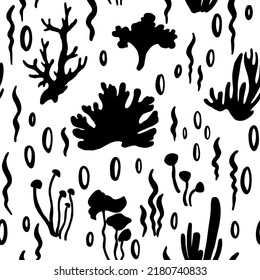 Seamless pattern with corals, algae, mushrooms, bubbles black and white vector graphic print for wallpaper, fabric, textile, paper. Marine texture underwater world.