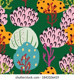 Seamless pattern with corals branches plants. Algae, flowers. Abstract print marine nature. Underwater floral background. Simple style design