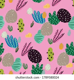 Seamless pattern with corals branches and sea plants. Algae, flowers. Abstract print marine nature. Underwater floral background. Simple style wrappinf paper or textile.