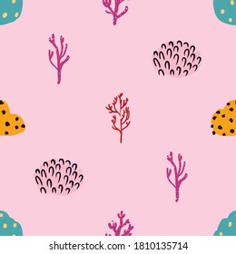 Seamless pattern with corals branches and sea plants. Algae, flowers. Abstract print marine nature. Underwater floral print.