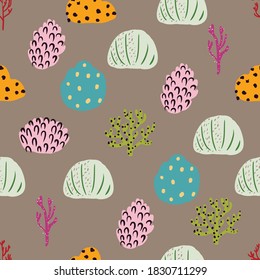 Seamless pattern with corals branches and sea Algae, flowers. Abstract print marine nature. Underwater background. Simple style design