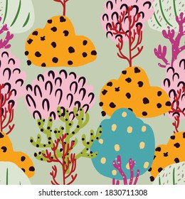 Patrón sin foco con ramas de coral y plantas marinas. Resumen de la naturaleza marina impresa. Fondo floral subacuático. Diseño de estilo sencillo