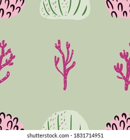 Seamless pattern with corals branches and sea plants. Algae, flowers. Abstract simple print marine nature. Underwater floral print.