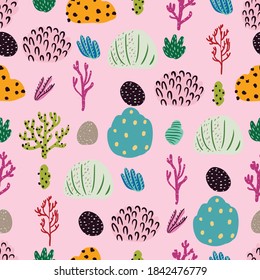 Seamless pattern with corals branches and sea plants. Algae, flowers. Abstract print marine nature. Underwater floral background. Simple style design