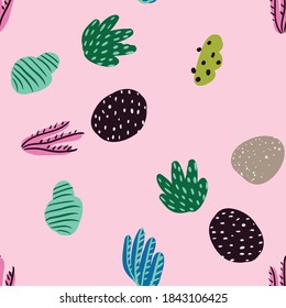 Seamless pattern with corals branches and sea plants. Algae, flowers. Abstract print marine nature. Underwater Simple style design