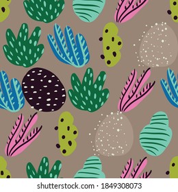 Seamless pattern with corals branches and sea plants. Algae, flowers marine nature. Underwater floral background. Simple style design