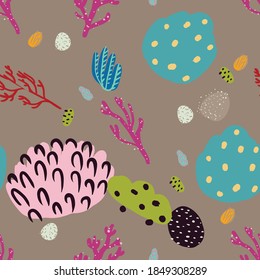 Seamless pattern with corals branches and sea plants. Algae, flowers. Abstract print with seaweed. Underwater floral background. Simple style design