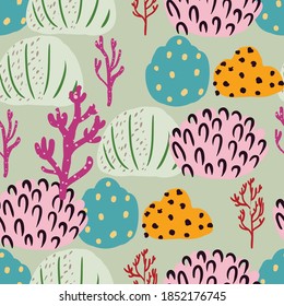 Seamless pattern with corals branches and sea plants. Algae, flowers marine nature. Underwater floral background. Simple style design