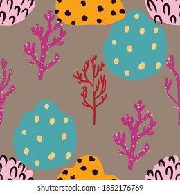 Seamless pattern with corals branches and sea plants. Algae, flowers. print marine nature. Underwater floral print. Simple design