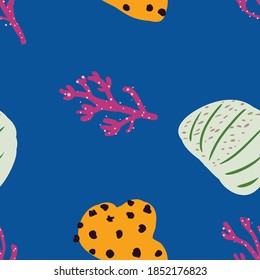 Seamless pattern with corals branches and sea plants. Algae, flowers. Abstract print nature. Underwater floral background.
