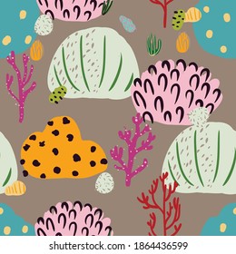 Seamless pattern with corals branches and sea plants. Abstract print marine nature. Underwater floral background. Simple style design