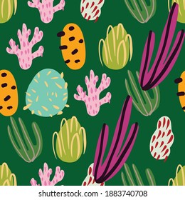 Patrón sin foco con ramas de coral y plantas marinas. Algas, flores. Resumen de la naturaleza marina impresa.