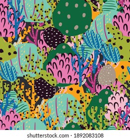 Seamless pattern with corals branches and sea plants. Algae, flowers. Abstract print marine textile print