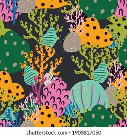 Seamless pattern with corals branches and sea plants. Algae, flowers print marine nature. Underwater floral background.