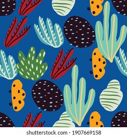 Patrón sin foco con ramas de coral y plantas marinas. Algas, flores. Naturaleza abstracta de la impresión. Fondo floral.