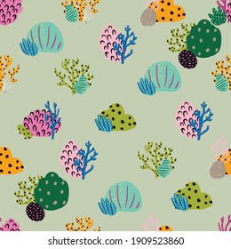 Seamless pattern with corals branches and sea plants. Algae, flowers. Abstract print marine textile print