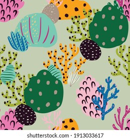 Seamless pattern with corals branches and sea plants. Algae, flowers. Abstract print marine nature. Underwater floral background. Simple style design