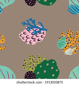 Seamless pattern with corals branches and sea plants. Algae, flowers. Print marine nature. Underwater floral background.