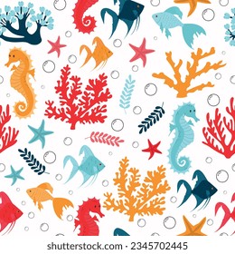 Seamless pattern with corals and cute sea inhabitants, seahorses, fishes and starfish. Vecor illustration for your design, posters, textile, wedding invitation, business products. Underwater elements