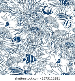 Seamless pattern with corals and exotic fish. Underwater scenery. Hand drawn vector illustration on white background.