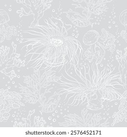 Seamless pattern with corals, jellyfish and sea creatures. Underwater scenery. Hand drawn vector illustration on grey background.