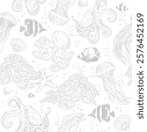 Seamless pattern with corals and jellyfish. Underwater scenery. Hand drawn vector illustration on white background.