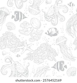 Seamless pattern with corals and jellyfish. Underwater scenery. Hand drawn vector illustration on white background.