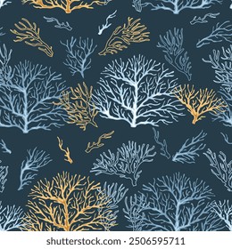 Seamless pattern with corals. Marine texture with algae in flat style. Suitable for wallpaper, fabric, paper, etc