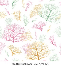 Seamless pattern with corals. Marine texture with algae in flat style. Suitable for wallpaper, fabric, paper, etc