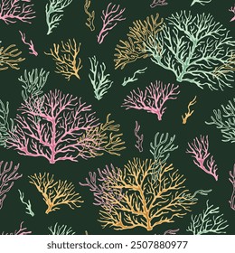 Seamless pattern with corals. Marine texture with algae in flat style. Suitable for wallpaper, fabric, paper, etc