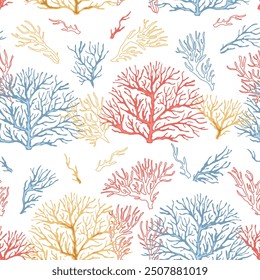 Seamless pattern with corals. Marine texture with algae in flat style. Suitable for wallpaper, fabric, paper, etc