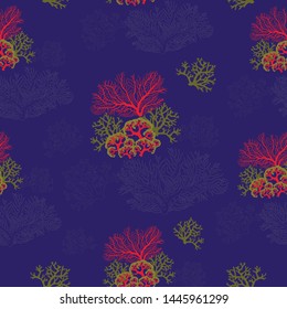 Seamless pattern with corals on a navy blue background.
