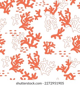 Seamless pattern with corals and the sea floor. Summer pattern, underwater atmosphere and coral color. Ideal for digital printing, decoration or printing on textile or object. Vector illustration.