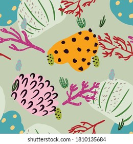 Seamless pattern with corals and sea plants. Algae, flowers. Abstract print marine nature. Underwater floral print with seaweed. Simple style design